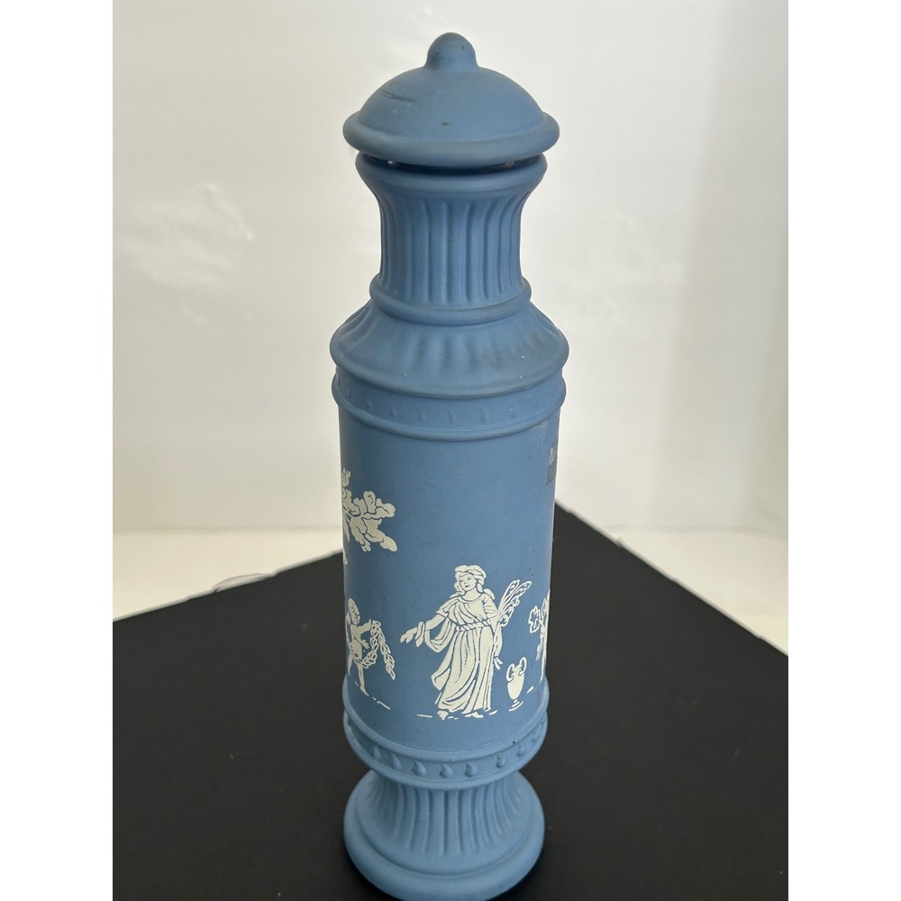 Perfume Bottle Blue Jasperware Neoclassical Cupid Cherub Motif Collectible Vase